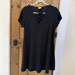 NWOT Lovefire (XL) ribbed black cross cross front mini shirt dress